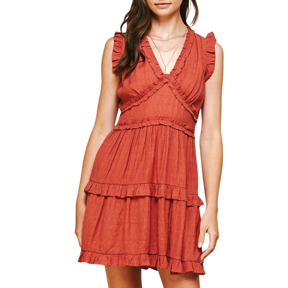 Pinch Ruffled Tiered Mini Dress Sleeveless V Neck Rust Color Size Large
